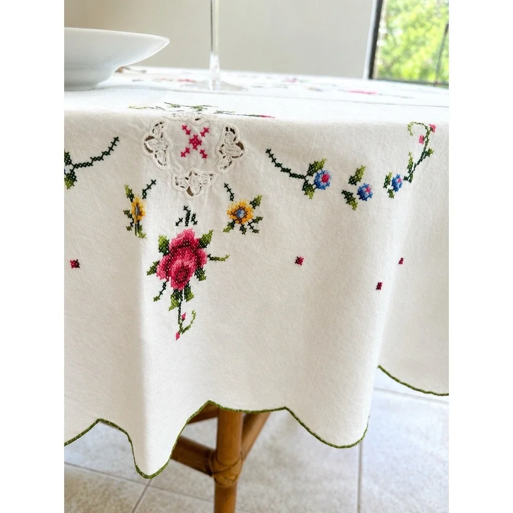 Vintage Hand Embroidered Linen Cross Stitch Tablecloth 7 Napkins Floral 63 x 63